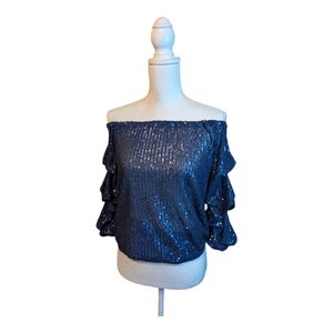 CeCe Sequined Blouse Women's Small Navy  Blouson Tiered Sleeve NWT